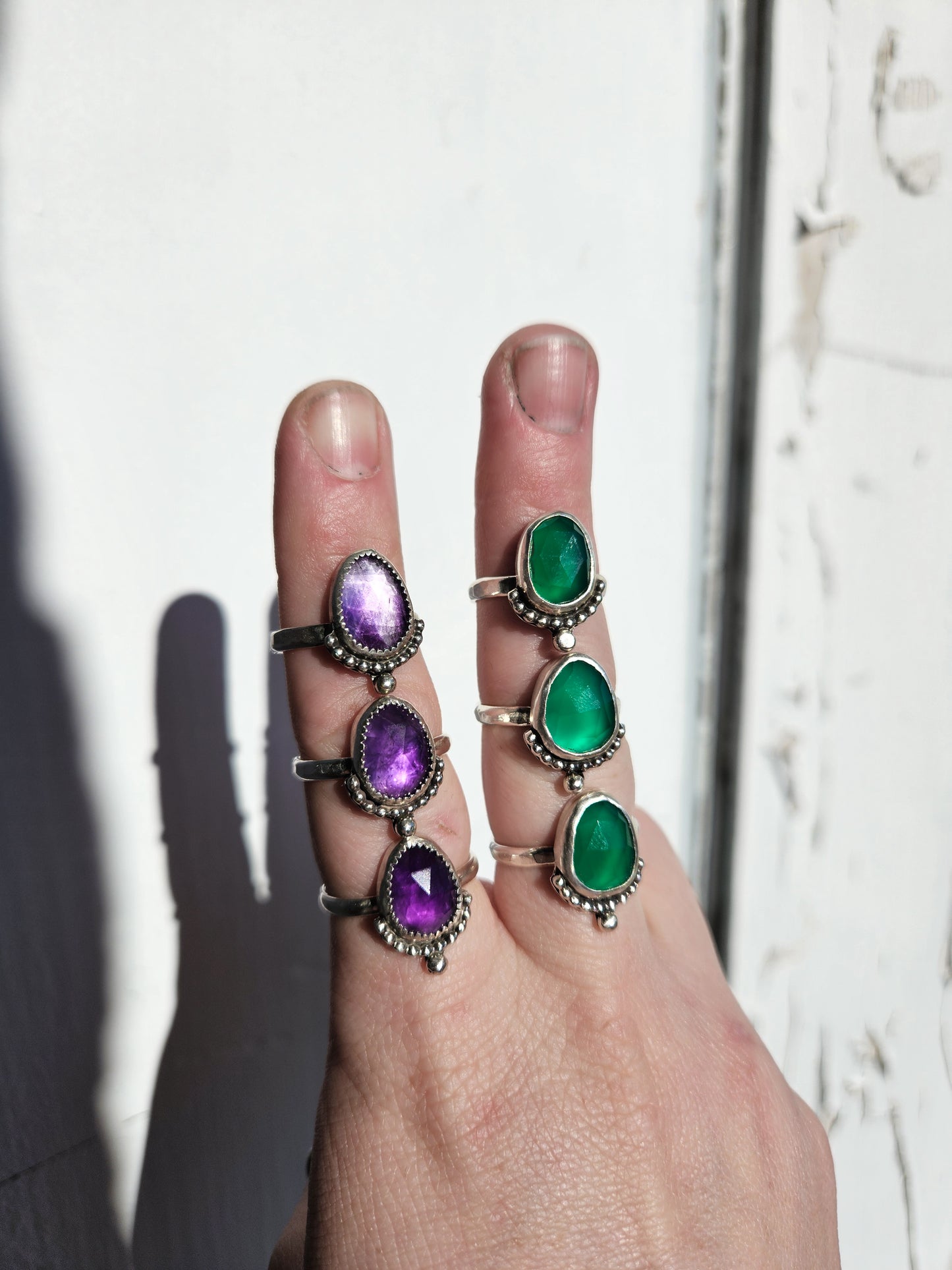 Green Onyx and Amethyst Rosecut Stackers